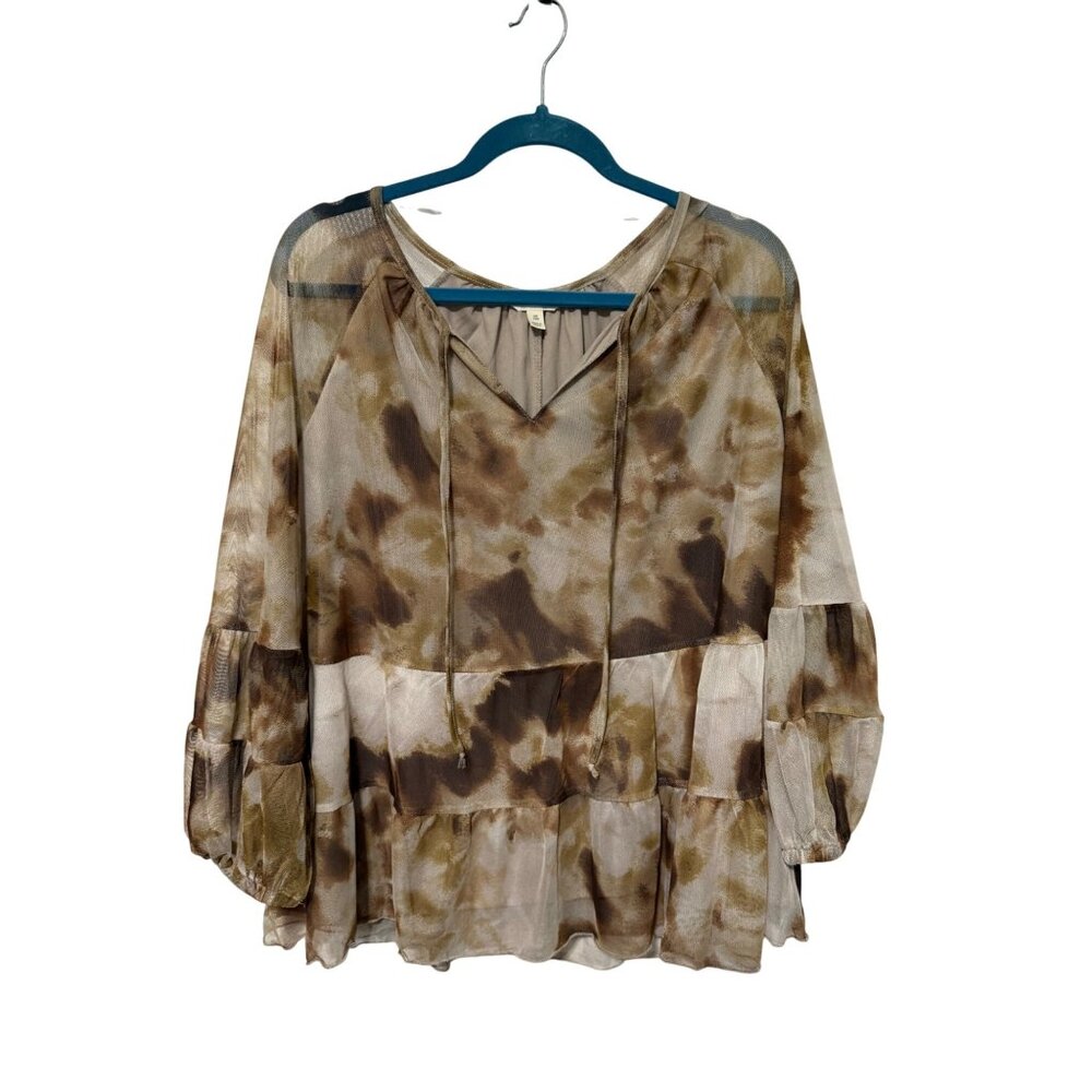 Terra & Sky Peasant Top Sheer Lined Brown Toned Tie Neck Womans 0X